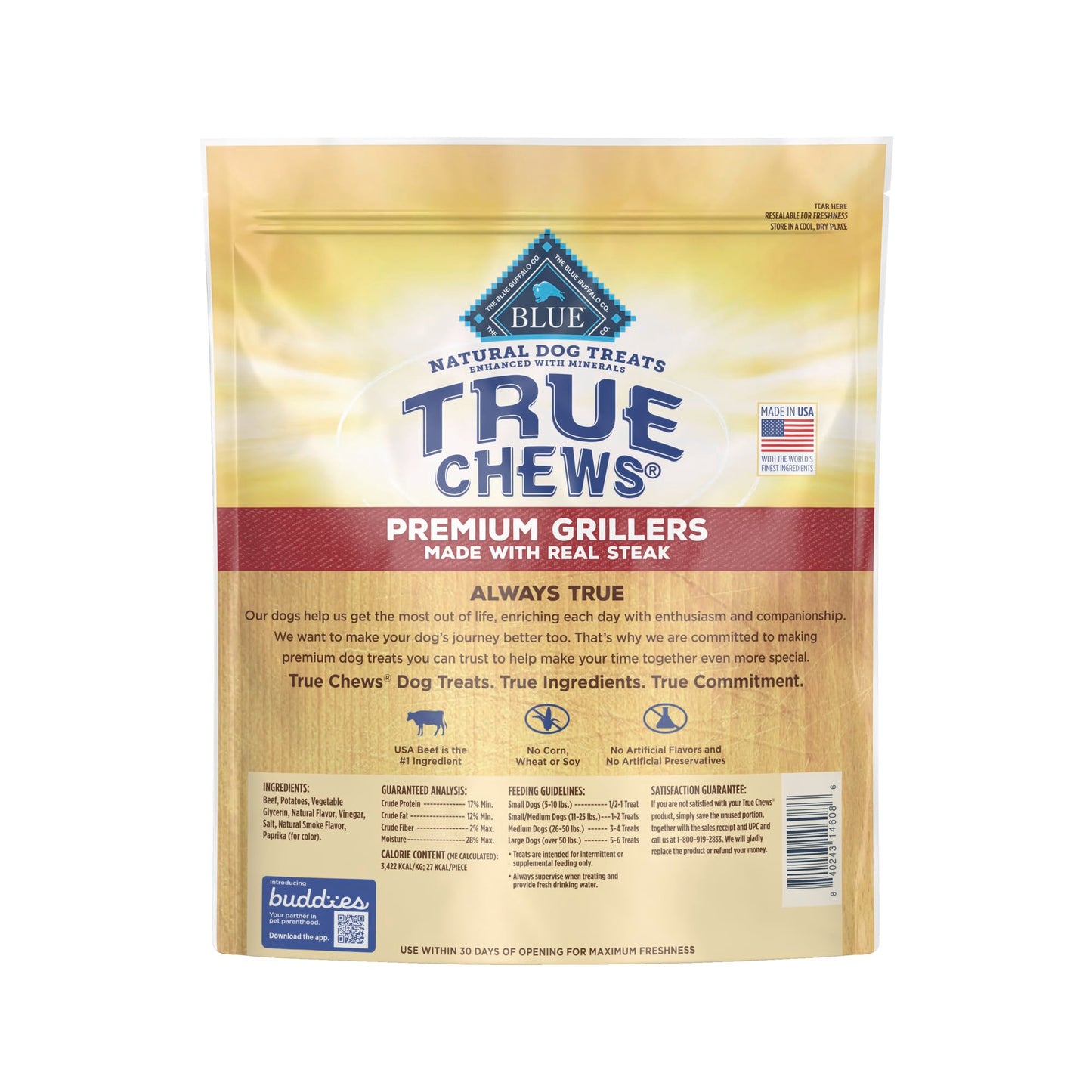 Blue Buffalo True Chews Premium Grillers Natural Dog Treats, Steak 30 oz bag