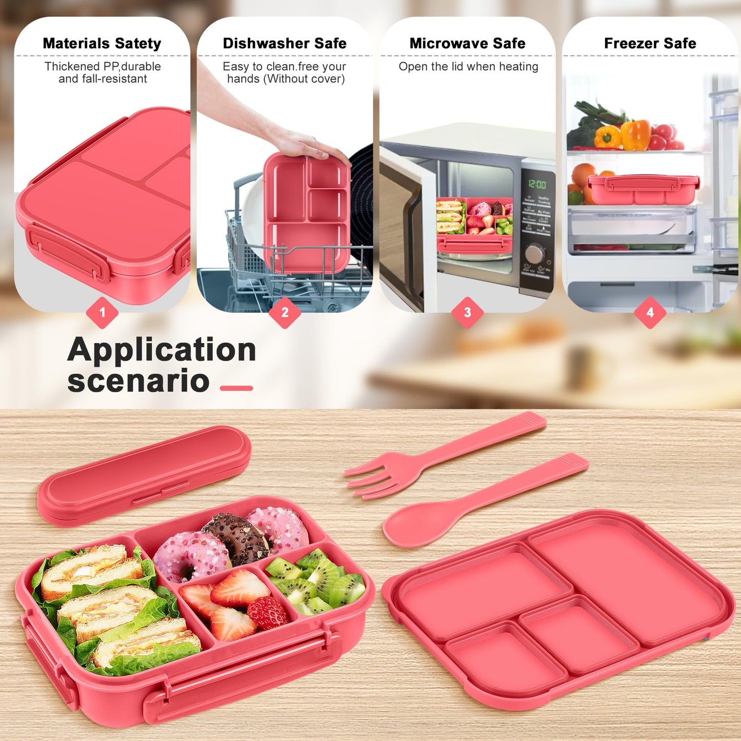 Amathley Lunch Box Kids,Bento Box Adult,Leakproof Lunch Containers for Adults/Kids/Toddler,1200ML-4 Compartments bento Lunch box with Utensil,Microwave & Dishwasher & Freezer Safe (Pink Berry)