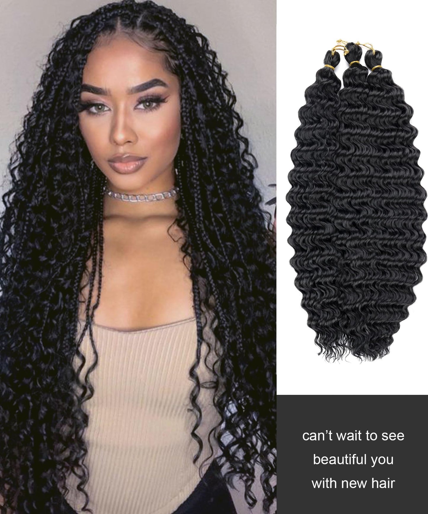 BATISI Water Wave Crochet Hair 6 Packs Curly Braiding Hair for Boho Braids Synthetic Bohemian Curly Crochet Hair 14 Inch #1b Black