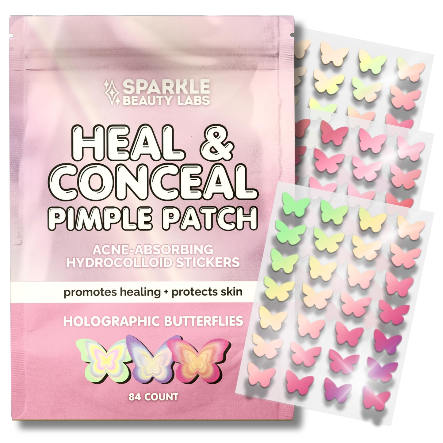 Sparkle Beauty Labs Heal & Conceal Pimple Patch - Cute Holographic Butterfly Shaped Acne Patches, Fun Hydrocolloid Zit Stickers for Face (Iridescent Pink Butterflies, 84 Count)