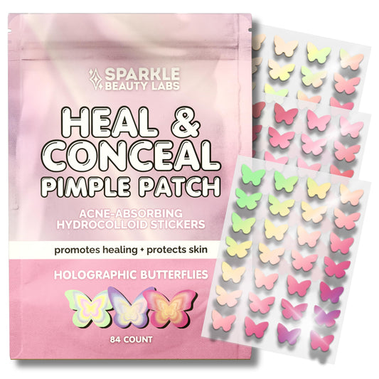 Sparkle Beauty Labs Heal & Conceal Pimple Patch - Cute Holographic Butterfly Shaped Acne Patches, Fun Hydrocolloid Zit Stickers for Face (Iridescent Pink Butterflies, 84 Count)