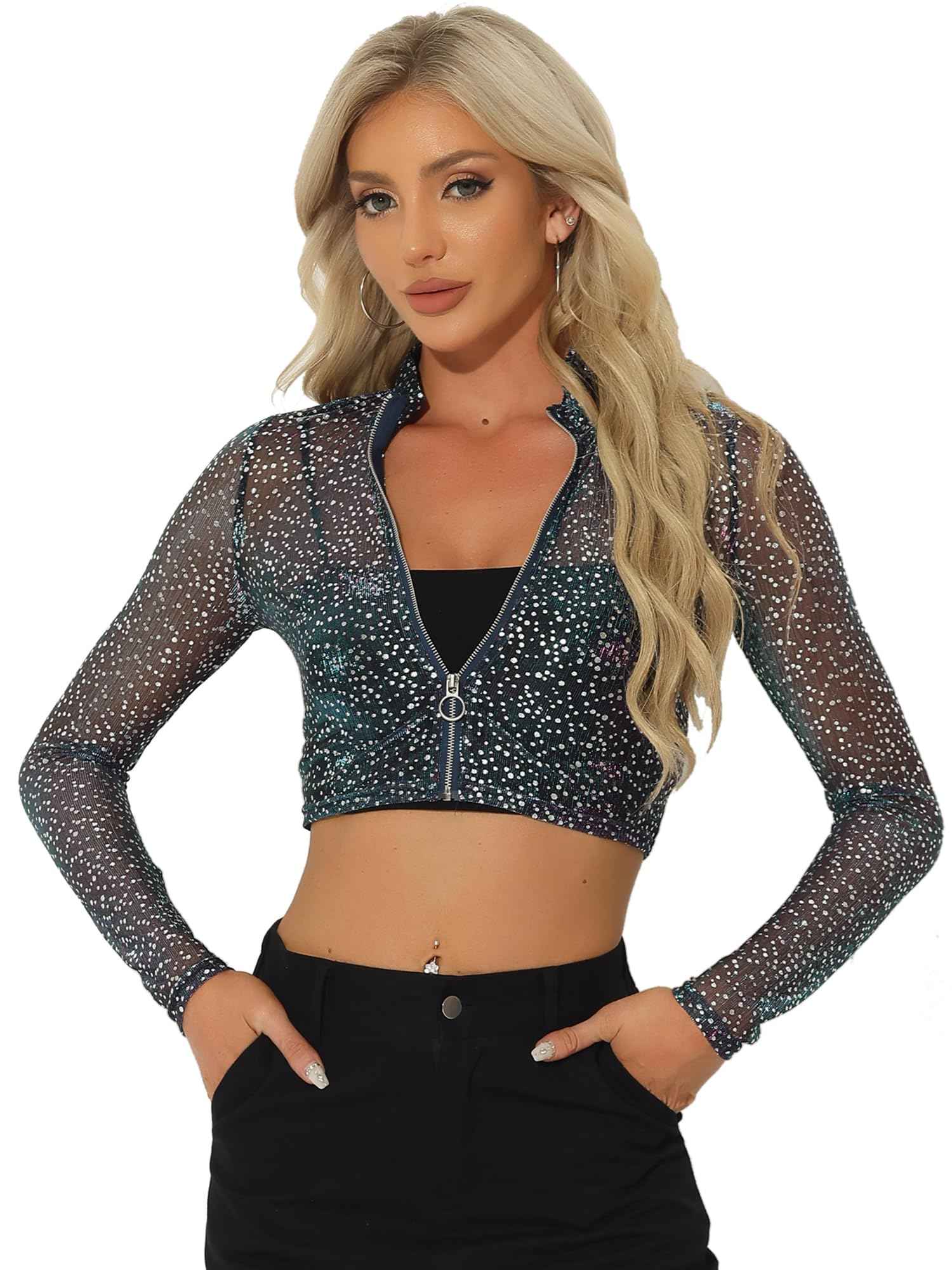 Allegra K Women's Crop Bomber Jacket Sheer Tops Mesh Sparkly Glitter Rave Outfit Halloween Clubwear Night Out Top Medium Light Blue