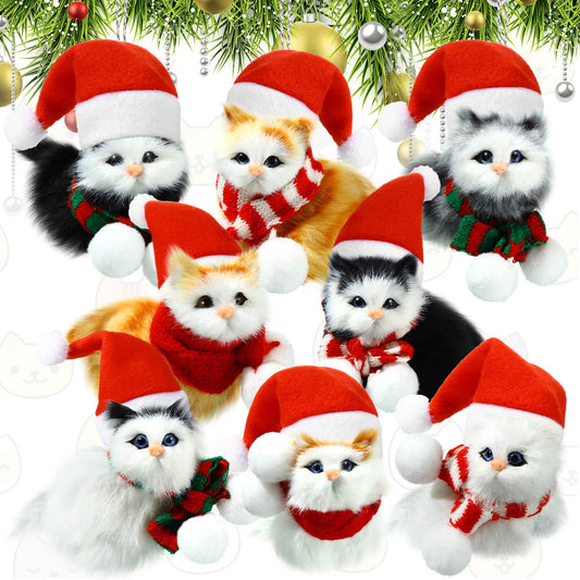 8 Sets Christmas Cat Ornaments Mini Furry Kitten Christmas Tree Ornament with Detachable Santa Hat Colorful Scarf Xmas Hanging Decoration Plush Artificial Animal Ornament for Holiday Party Decor