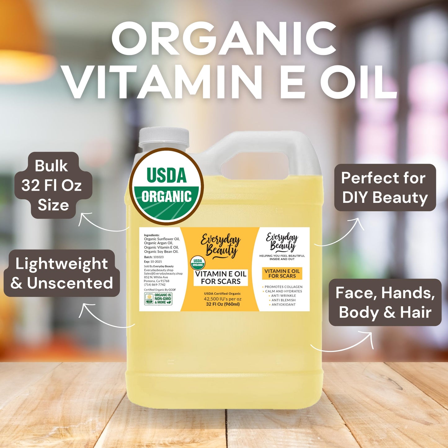 Organic Vitamin E Oil Bulk - 32oz USDA Certified 100% All Natural Plant Based - Light and Unscented Great for Scars After Surgery - For Face, Skin and Nails - Anti-Aging, Reduce Appearance of Wrinkles