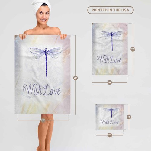 3D Rose Image of Purple Dragonfly with Word Love Hand Towel, 15" x 22", Multicolor