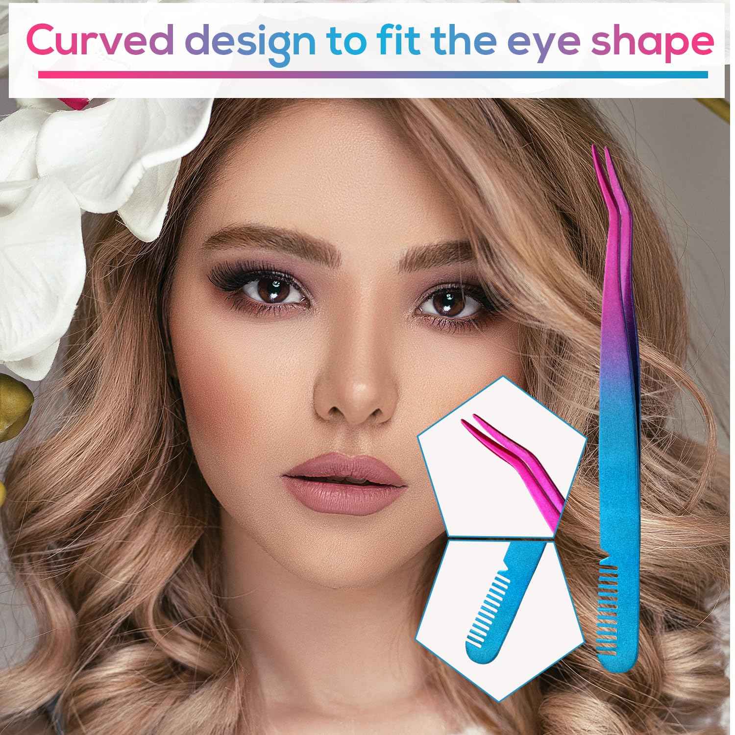 3pcs Eyelash Tweezers, 3 Styles Lash Tweezers with Comb Stainless Steel False Lash Application Tool Eyebrow Tweezers Makeup Tool for Cluster Individual Lash (Purple Blue Gradient)