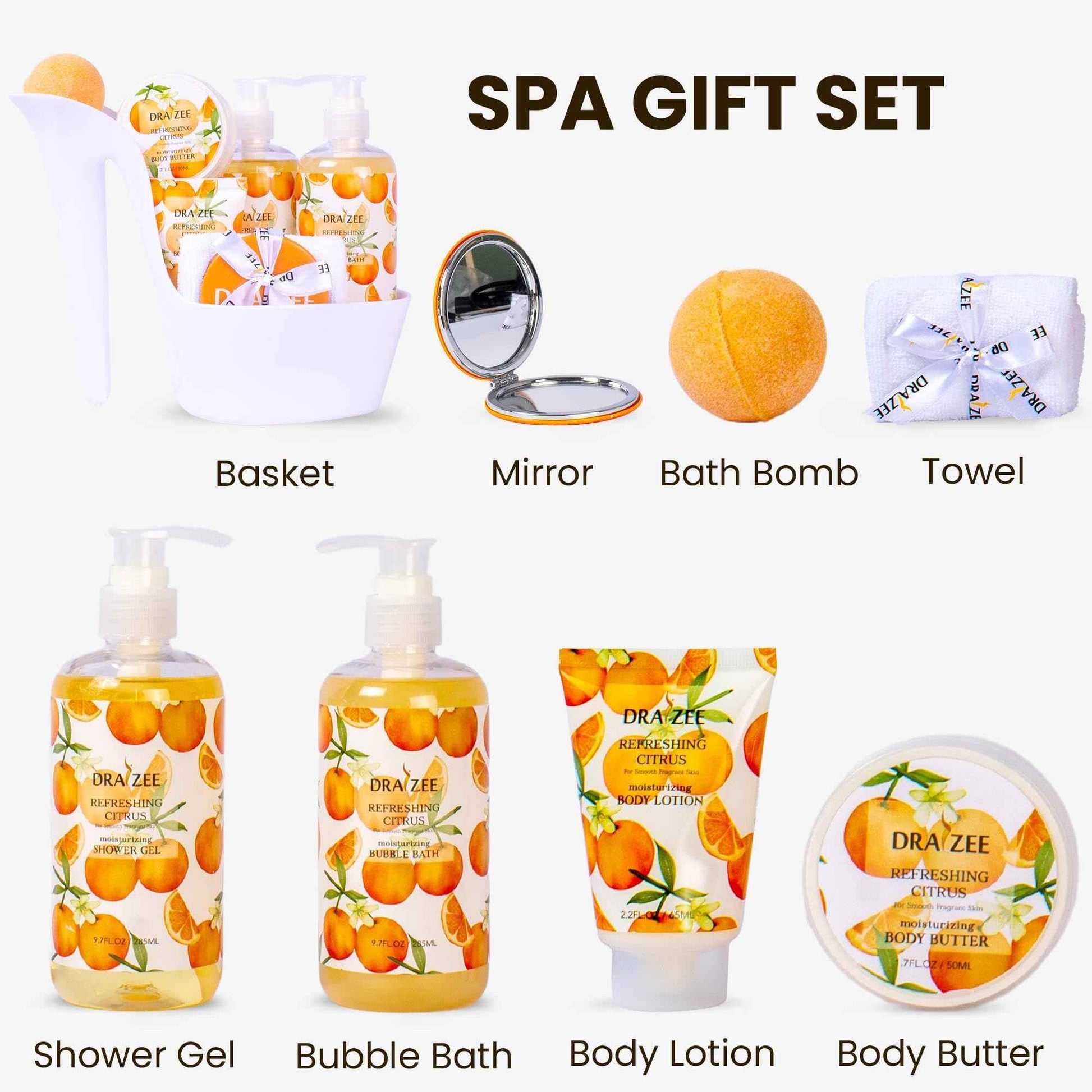 Luxury Spa Gifts for Women – 8 Pc Citrus Scented Bath and Body Set with Bubble Bath, Lotion & More – Luxury Self Care Kit for Wife, Mom, Girlfriend, Birthday Gifts for Women by Draizee