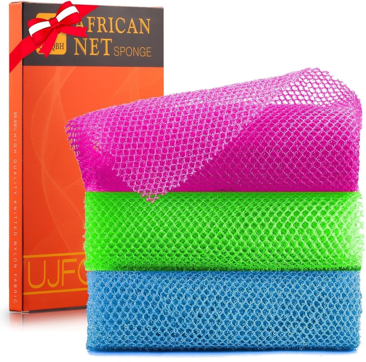 3 Pieces African Bath Sponge African Net Long Net Bath Sponge Exfoliating Shower Body Scrubber Back Scrubber Skin Smoother,Great for Daily Use (Rose Red, Blue, Green)