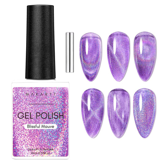 Makartt Gel Nail Polish Cat Eye Holographic Gel Polish Blissful Mauve Universal Rainbow Sparkly Glitter Unique Magnetic Effect Nail Gel for DIY Nail Art UV LED Soak Off Manicure 10ml