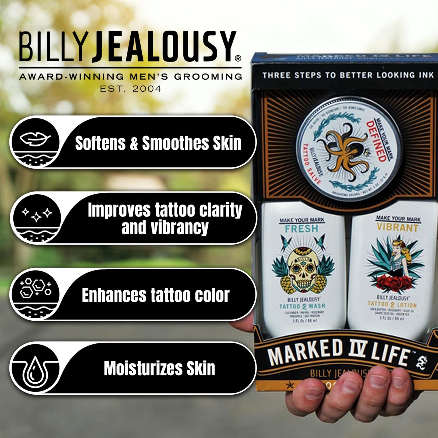 Billy Jealousy Marked IV Life Complete Tattoo Care Kit, Includes Tattoo Defining Aftercare Salve, Brightening Tattoo Wash and Moisturizing Tattoo Lotion, Travel Friendly Size