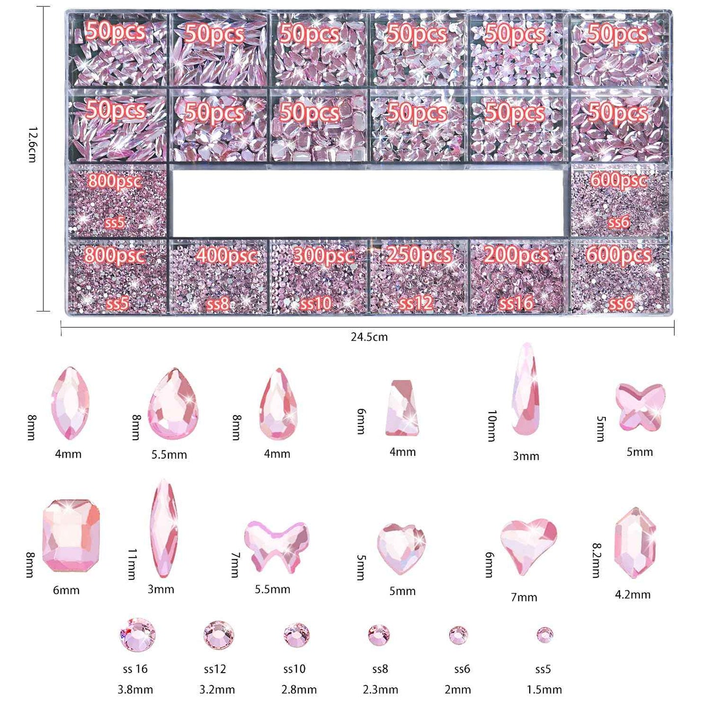 HNUIX Nail Rhinestones - 4550pcs Light Pink, Multiple Shape Gems, Flatback Crystal Rhinestones for Nails Decor Designs Kits