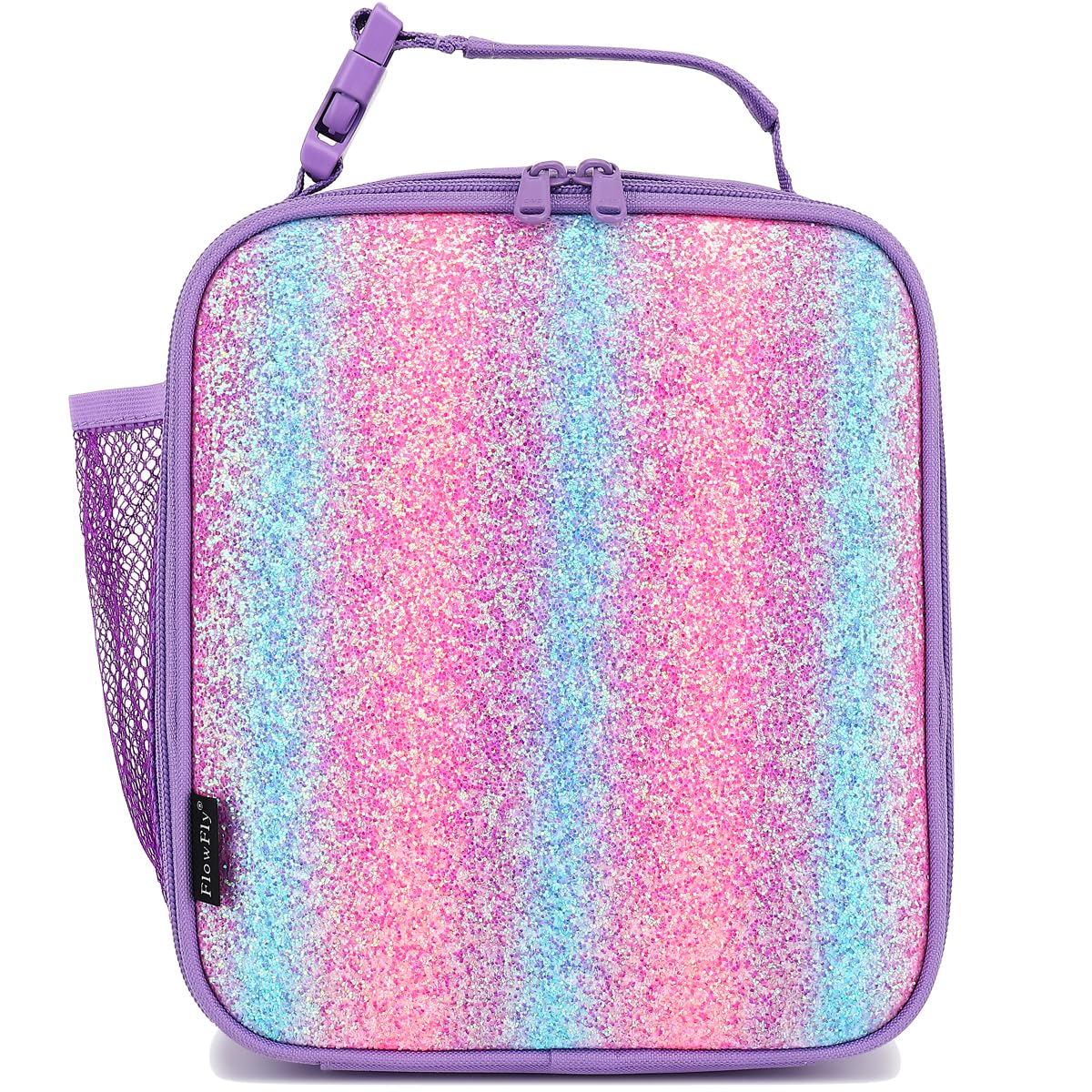 FlowFly Lunch box Insulated Soft Bag Mini Cooler Back to School Thermal Meal Tote Kit for Girls, Boys,Purple#Glitter