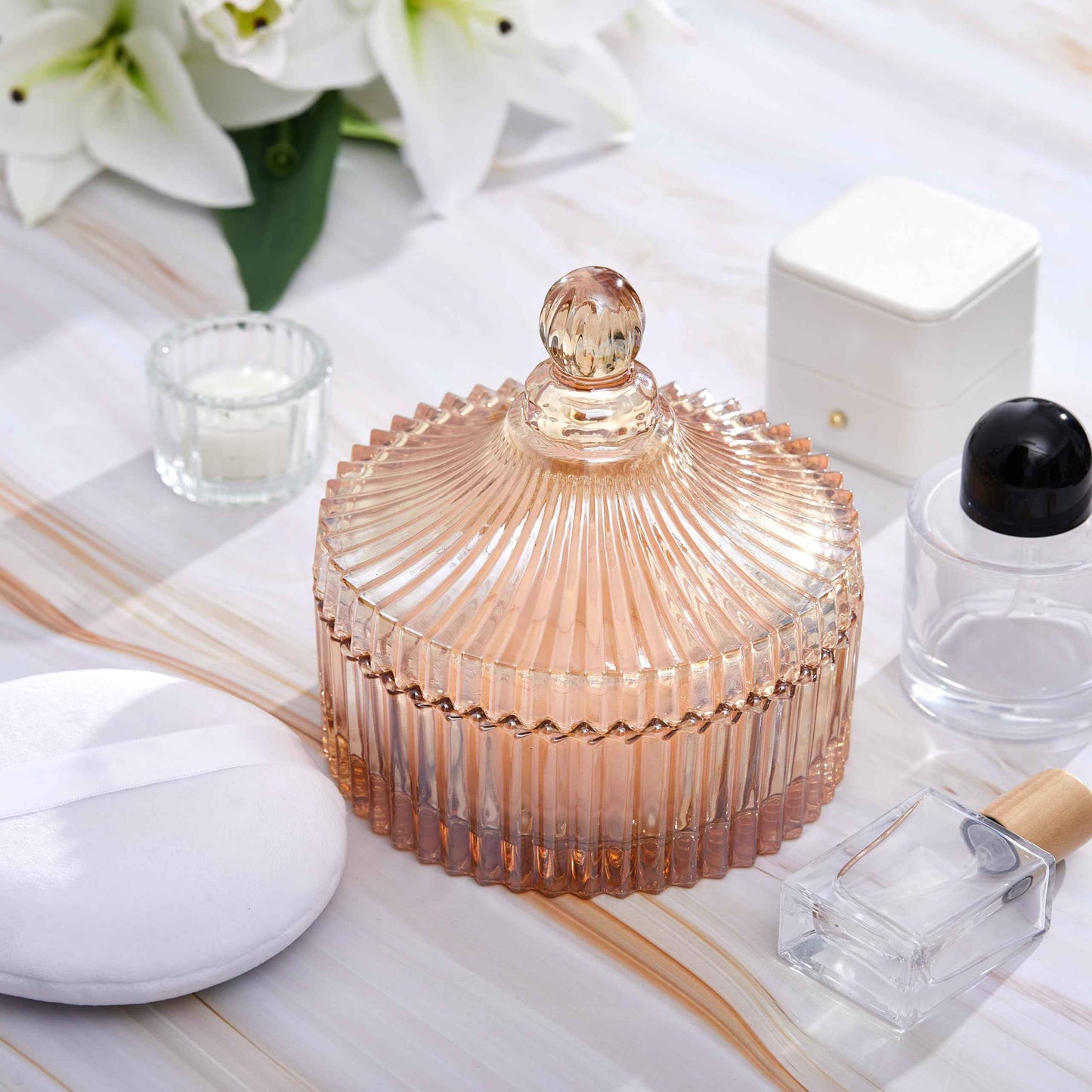 Tioncy 3 Pcs Extra Large Body Powder Puff and Container 5.43'' Glass Body Container with 5.12'' Powder Puff Glass Jar for Women's Talcum(Amber)