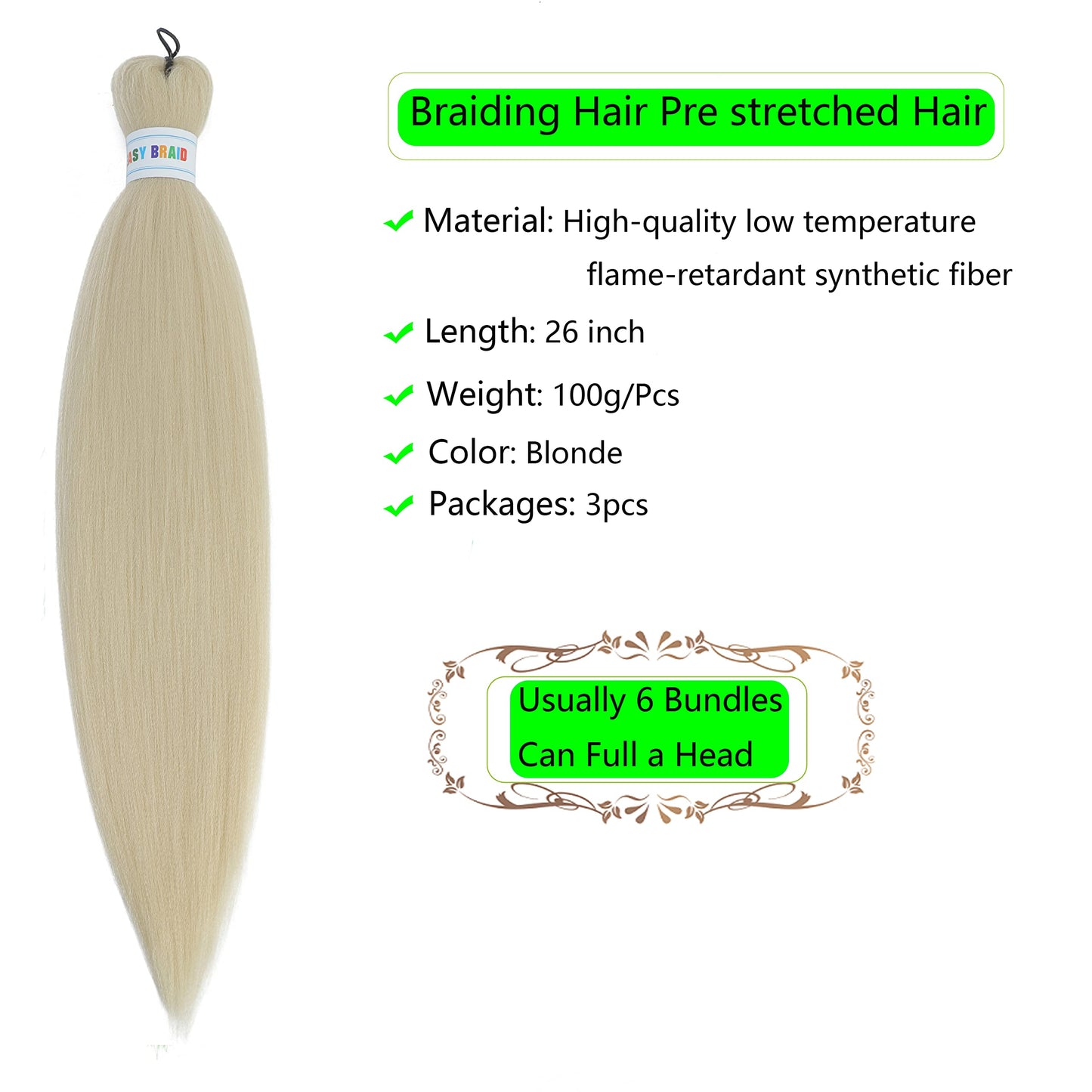 SHCLYING Blonde Braiding Hair Pre Stretched,Top Synthetic Pre Stretched Braiding Hair Extensions,Easy Braid 26inch 3packs Yaki Texture Crochet Hair Braids(613#).