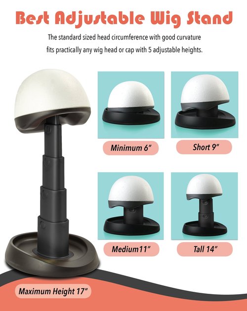 Adjustable Wig Head for Travel and Salon - Black Stand, Styrofoam Head, Collapsible Compact Stand Expands for Long and Short Wigs - by Adolfo Design