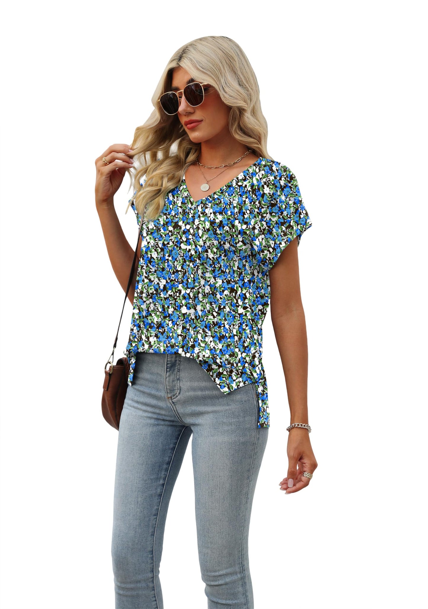 Tshirts Shirts for Women Floral Vacation Summer Tops Short Sleeve Blouses Print Blue Floral S