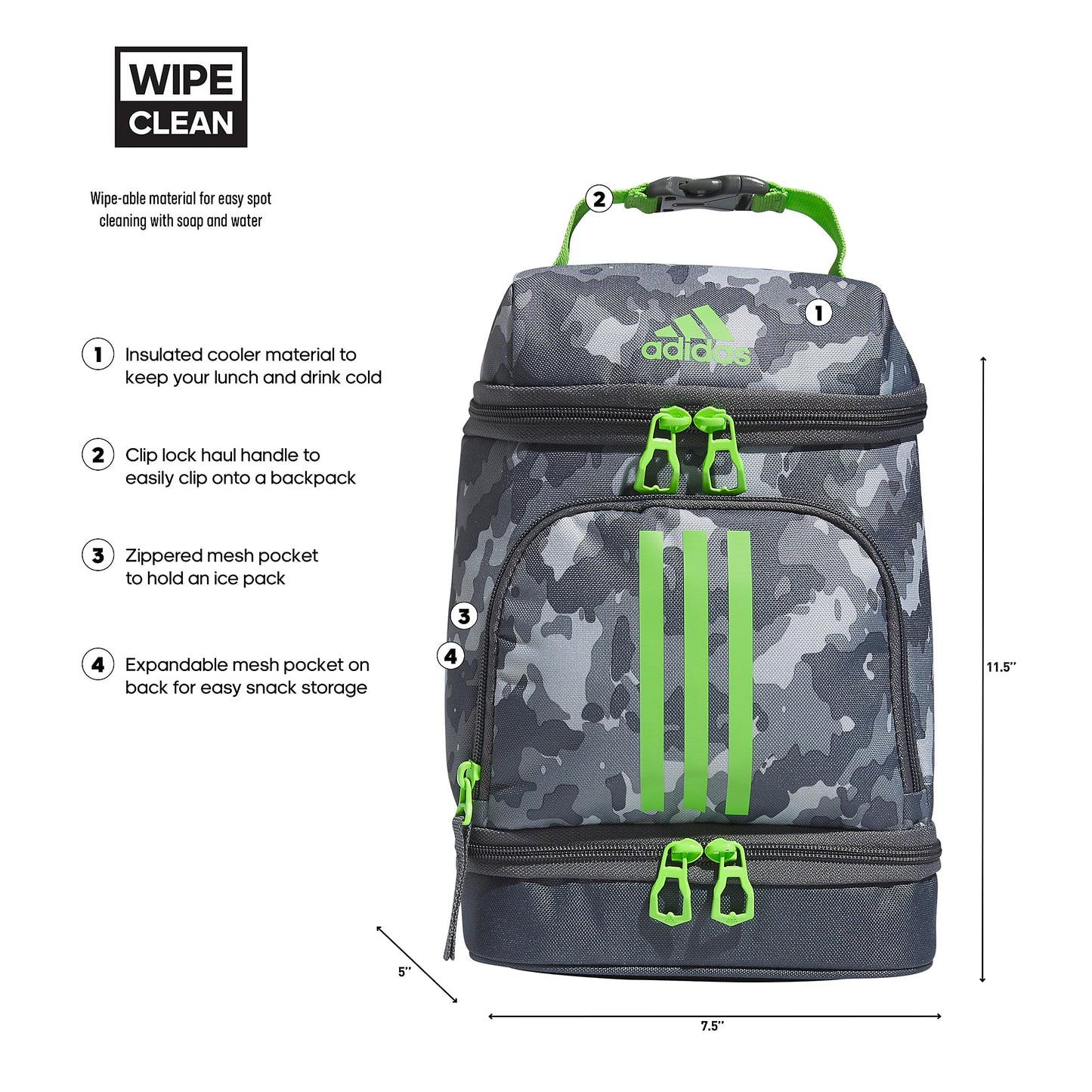 adidas Excel 2 Insulated Lunch Bag, Essential Camo Grey/Lucid Lime Green, One Size