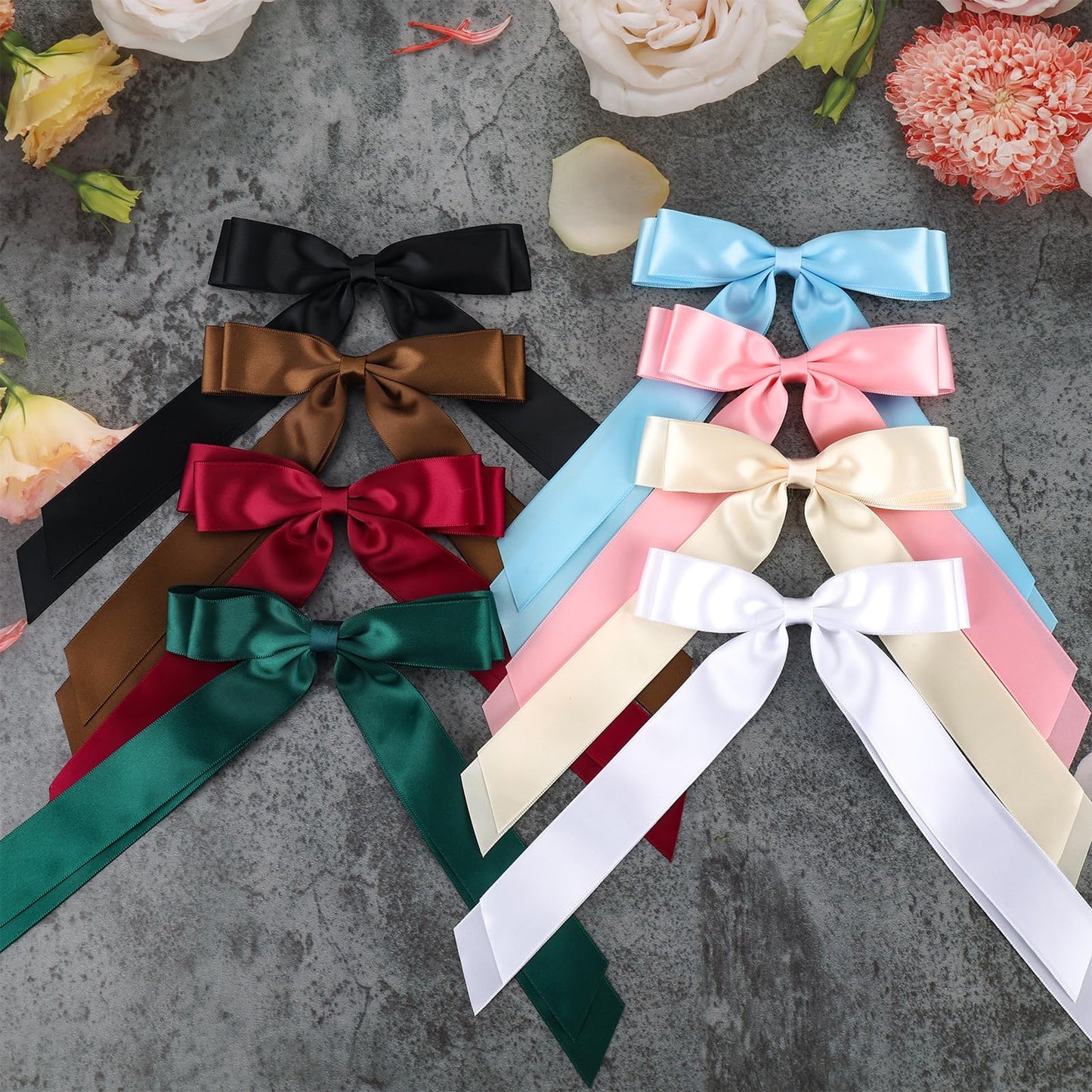 Zkptops 4Pcs Hair Bows Satin Hair Ribbon Hair Bows with Long Tail Hair Clips Cute Tassel Hair Bows Barrettes Hair Accessories Double Bow Hair Clips for Women Hairpin Barrettes (Black Beige Pink Blue)