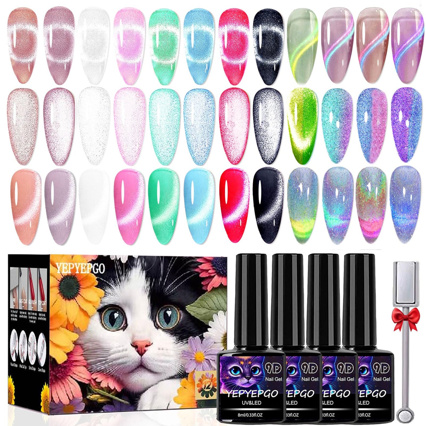 YEPYEPGO Magnetic Cat Eye Gel Nail Polish Set, 12 Colors Jelly Cat Eye Gel Polish with Magnet, 9D Cateye Gel Holographic Effects Professional Use for Salon- Set