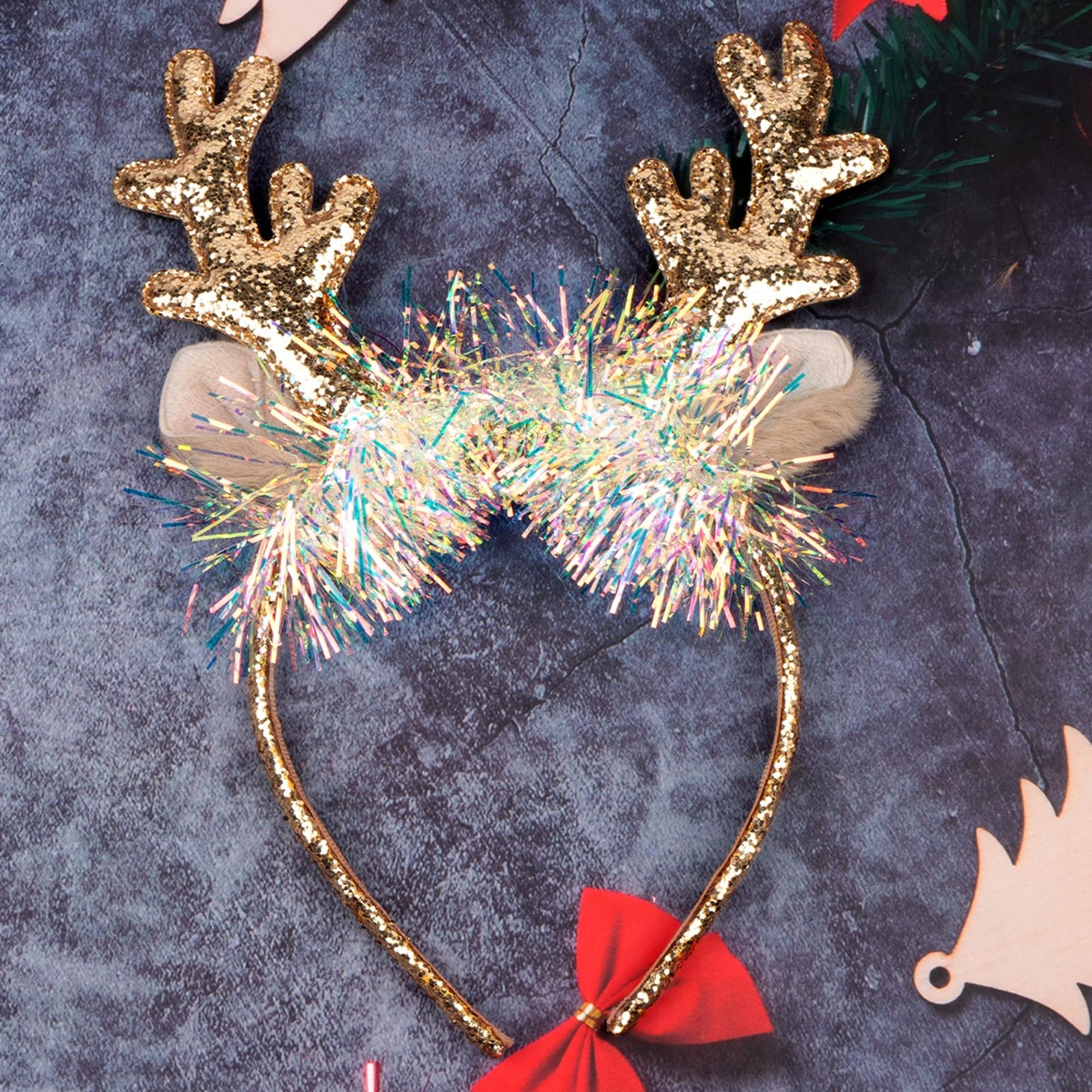 TULOBI Gold Christmas Headbands Cute Xmas Hair Bands Glitter Elk Antlers Christmas Headband Holiday Headbands Party Gift Christmas Costume Party Accessories for Women and Girls