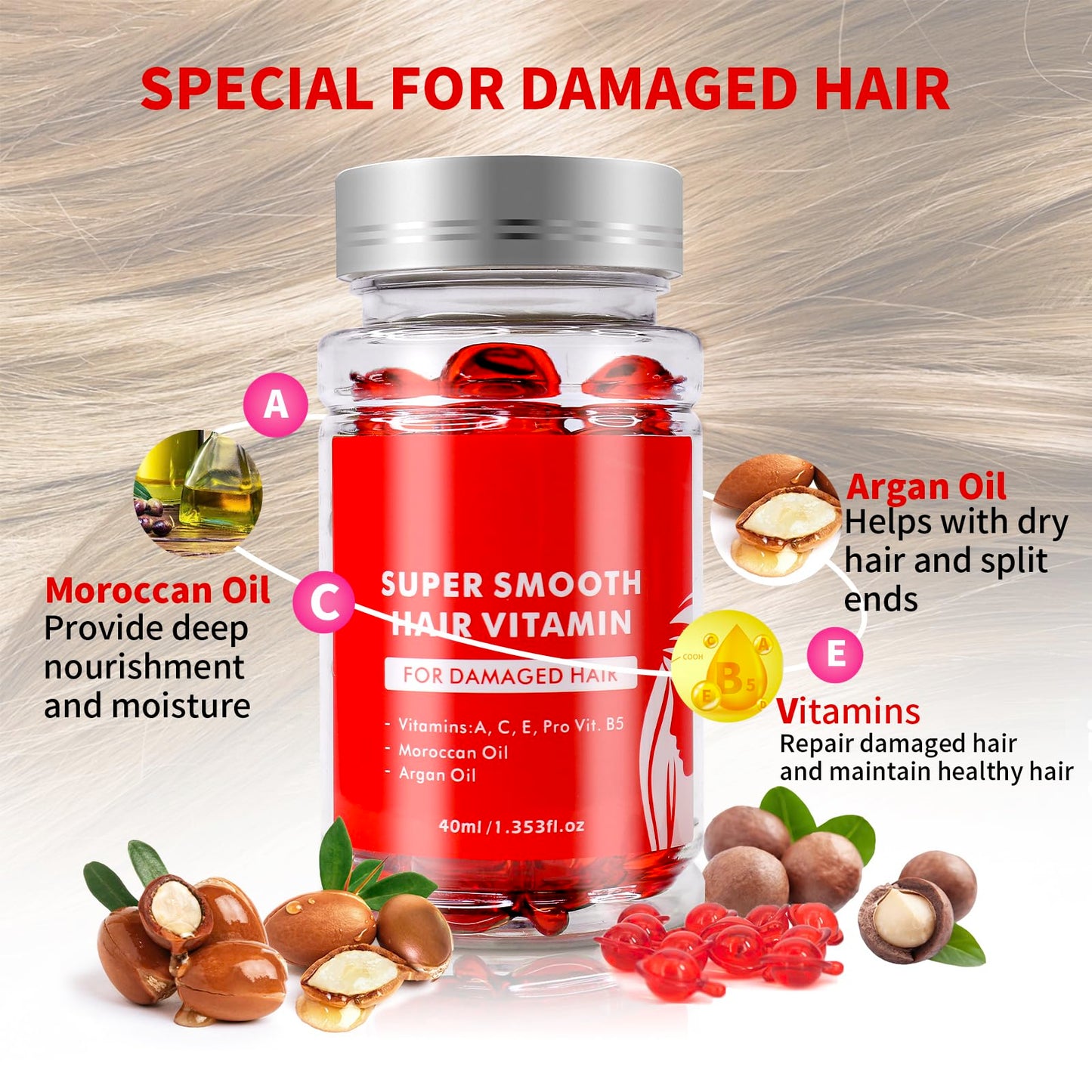 Shyway Hair Treatment Oil with Vitamins A C E Pro B5, Argan Macadamia Oils, for frizzy, dry, Damaged Hair care, No Rinse-hair serum (Red-First choice-Fit all hair-SK-HF001)