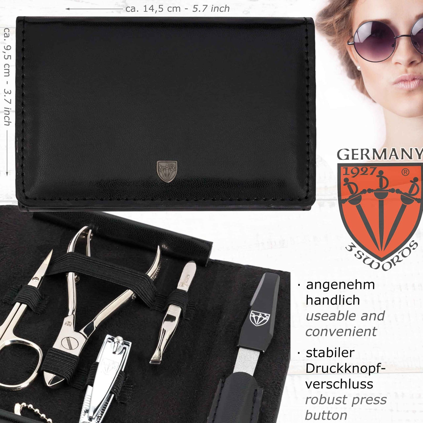 3 Swords Germany - brand quality 9 piece manicure pedicure grooming kit set for professional finger & toe nail care scissors clipper fashion leather case in gift box, Made in Solingen Germany (03584)