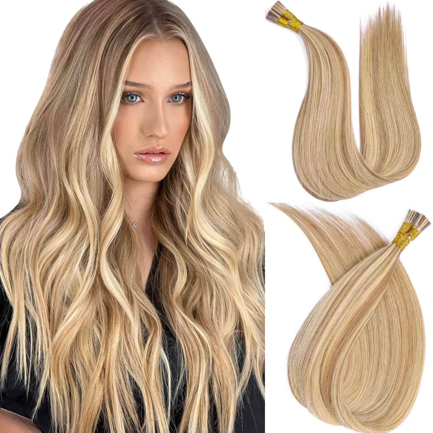 MioYio I Tip Hair Extensions Human Hair 30G/Pack Human Hair Itip Human Hair Extensions Dark Blonde to Highlighted Blonde Pre Bonded Extensions Long Straight #18/613 14Inch