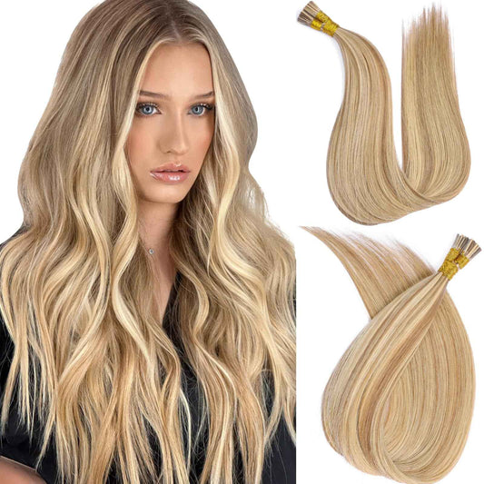 MioYio I Tip Hair Extensions Human Hair 30G/Pack Human Hair Itip Human Hair Extensions Dark Blonde to Highlighted Blonde Pre Bonded Extensions Long Straight #18/613 14Inch