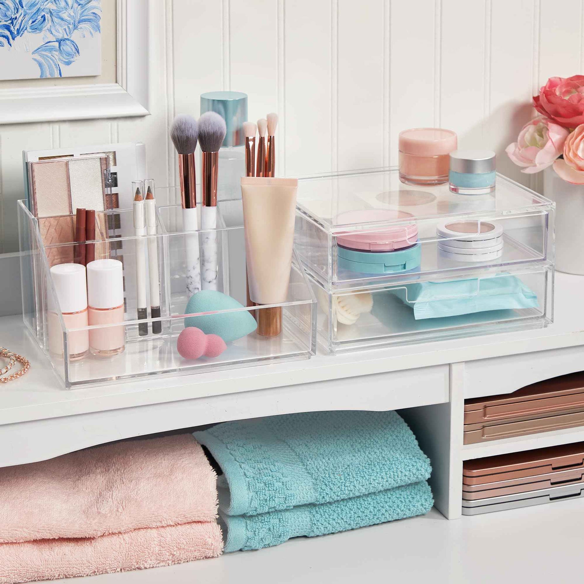 STORi Chloe Stackable Makeup Holder & Drawer Organizer Set, Clear, BPA-Free Plastic, Made in USA, Organize Brushes, Cosmetics & Beauty Essentials