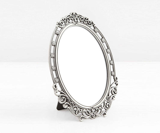 SEHAMANO Vintage Oval Frame Makeup Metal Mirror with Crystal, Decorative Back Stand Travel Mirror (Tin (Grey))