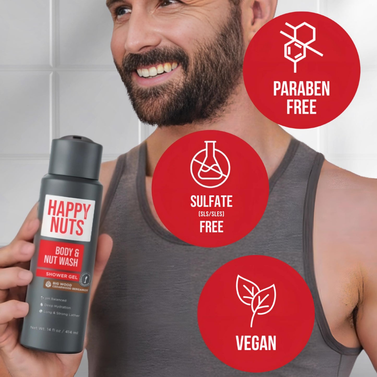 HAPPY NUTS Big Wood Body and Nut Wash - Moisturizing Men's Shower Gel, Natural Bodywash with Deep Cleanse for Sensitive Skin - Men's Body Soap (2 Pack, Big Wood)