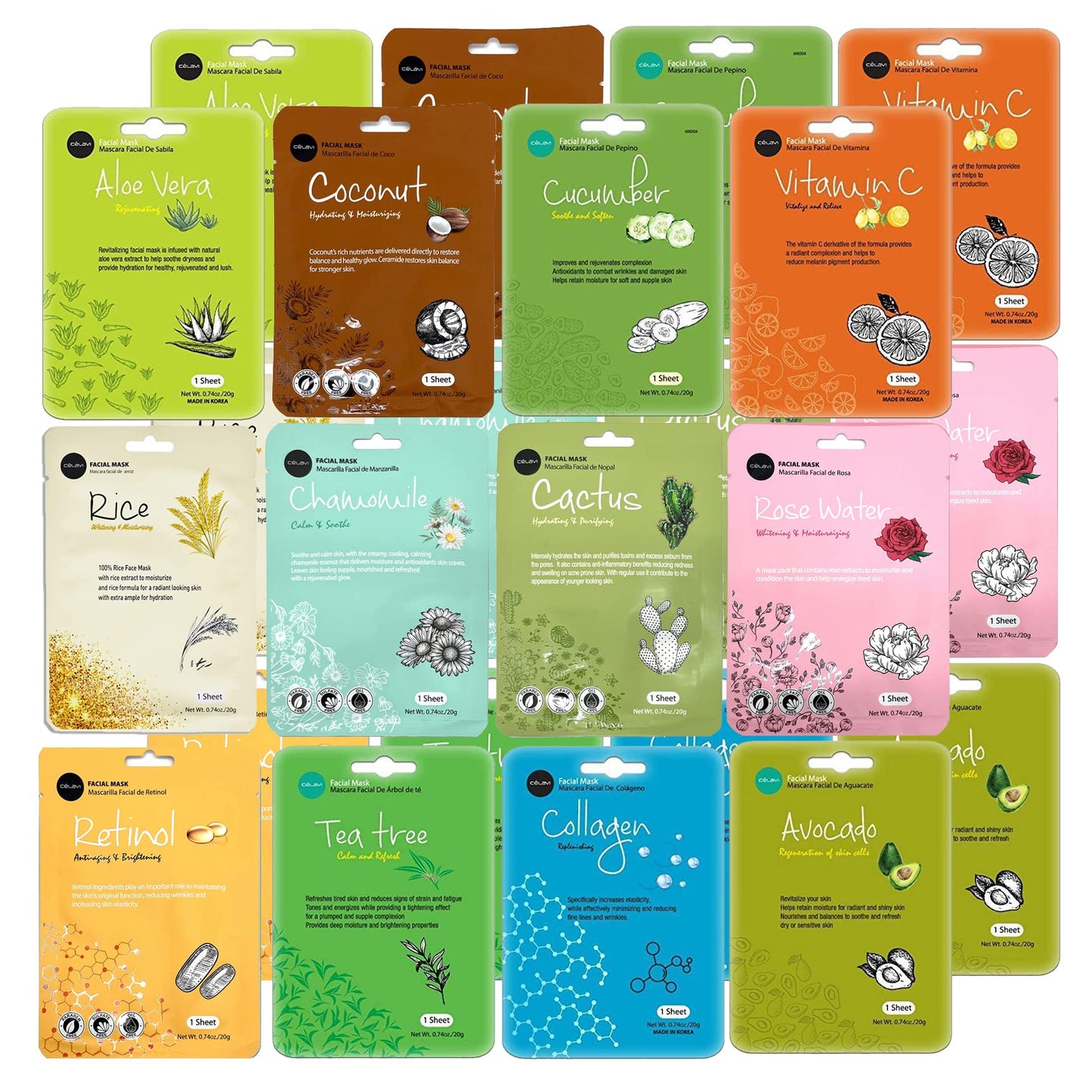 Celavi Essence Facial Face Mask K-Beauty Skincare Korea Skin Care Moisturizing 24 Pack B Set