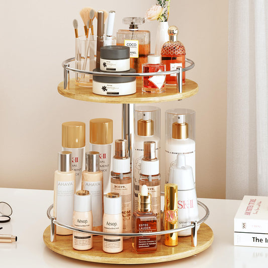 Makeup Skincare Organizer Perfume Rotating Wood Cosmetic Display, 2 Tier Lazy Susan Turntable for Vanity, Bathroom