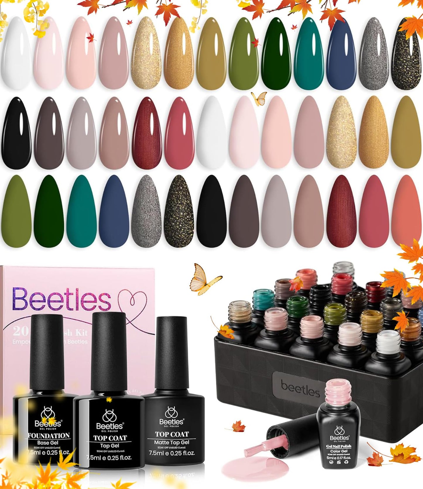 Beetles 23Pcs Gel Nail Polish Kit with Base Gel Top Coat, Pink Nude Grey Green White Black Glitters Gel Polish Set Soak off UV Led Gel Nail Art Manicure Gift for Girls Women Lucky Tarot Collection