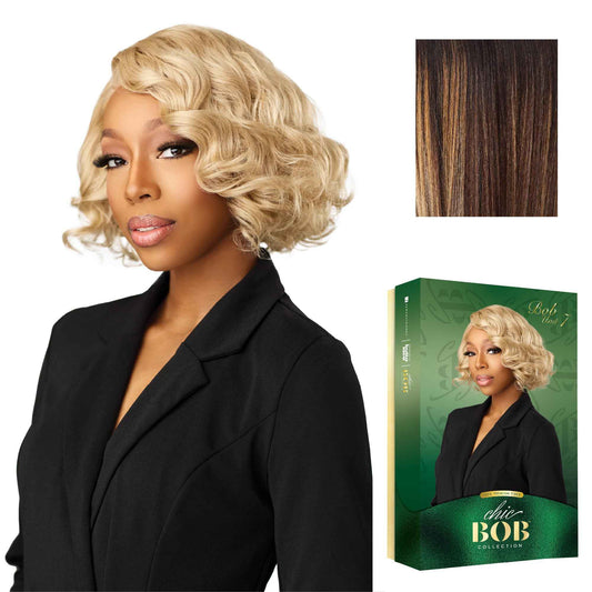Sensationnel Chicbob Lace Frontwig - Bob Unit 7 Face Framing Glueless Wig Wide 5 Inch Deep Part Synthetic Preplucked Hairline (BALAYAGESUNKISSED)