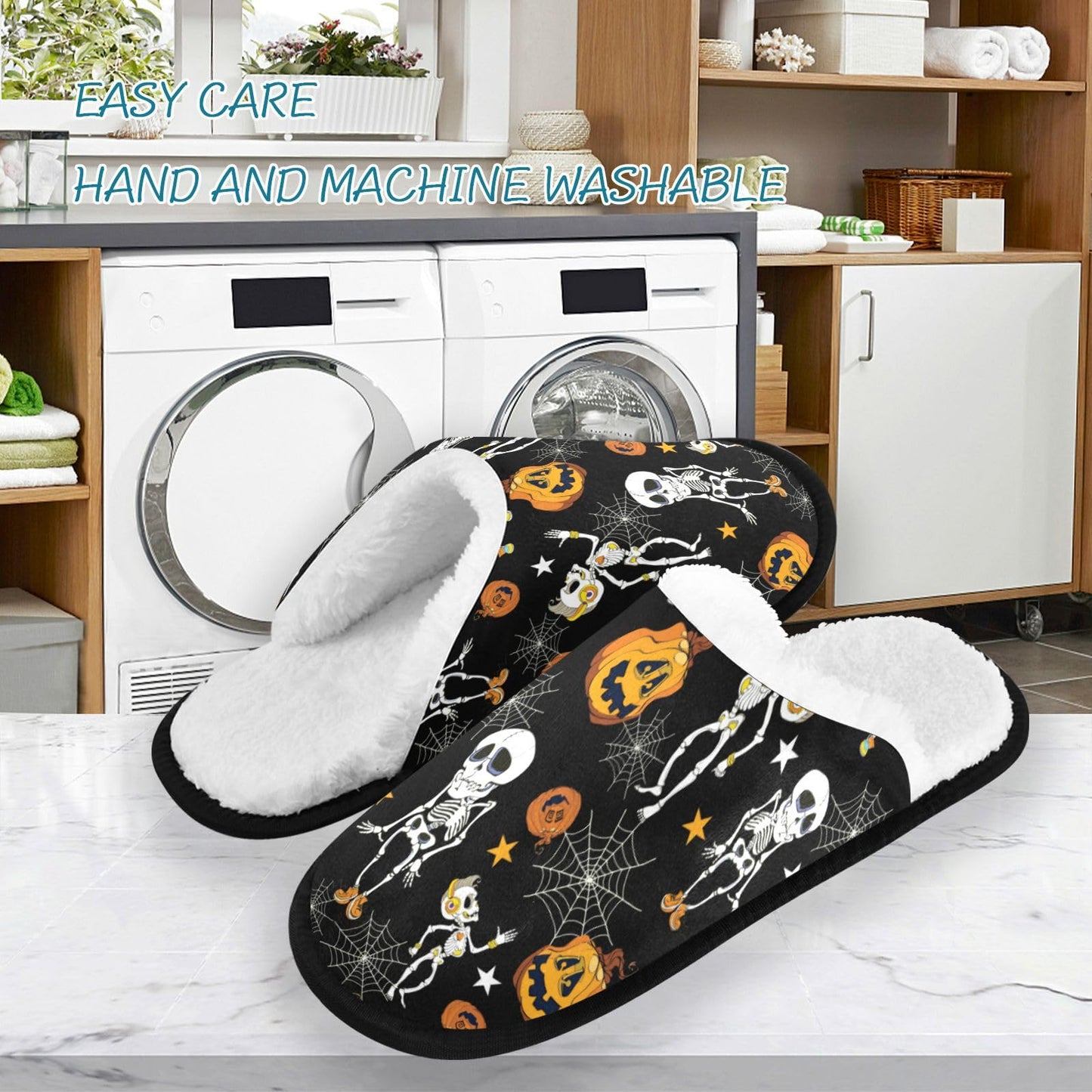 Umidedor Halloween Skull Pumpkins Slippers for Women Girl Soft Non-Slip Indoor House Slippers Home Shoes for Bedroom Hotel Travel Spa