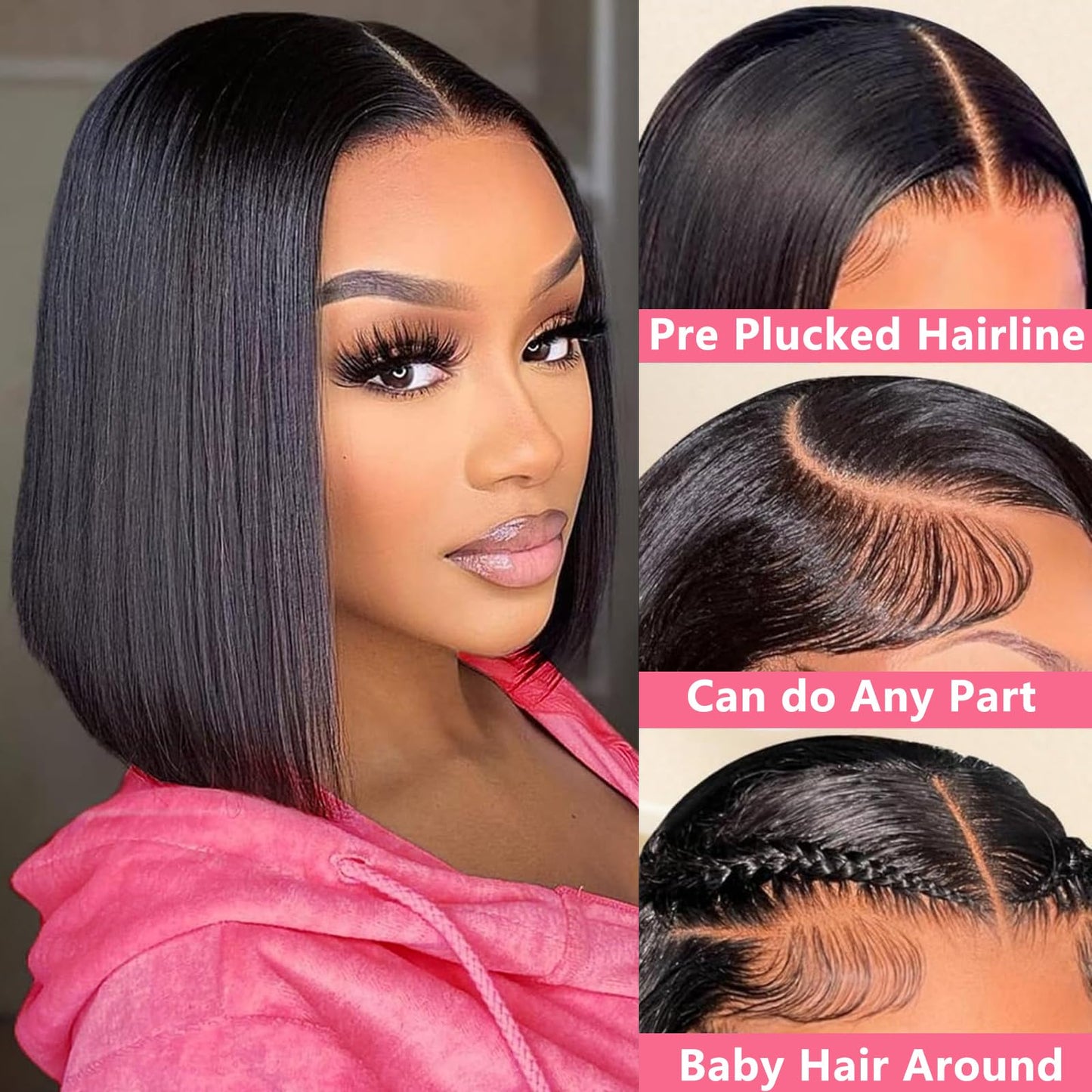 Straight Bob Wig Human Hair 8 Inch 13x4 HD Lace Front Wigs Human Hair Glueless Bob Lace Frontal Wig Human Hair Pre Plucked With Baby Hair 150% Density Short Bob Wigs for Black Women Natural Black