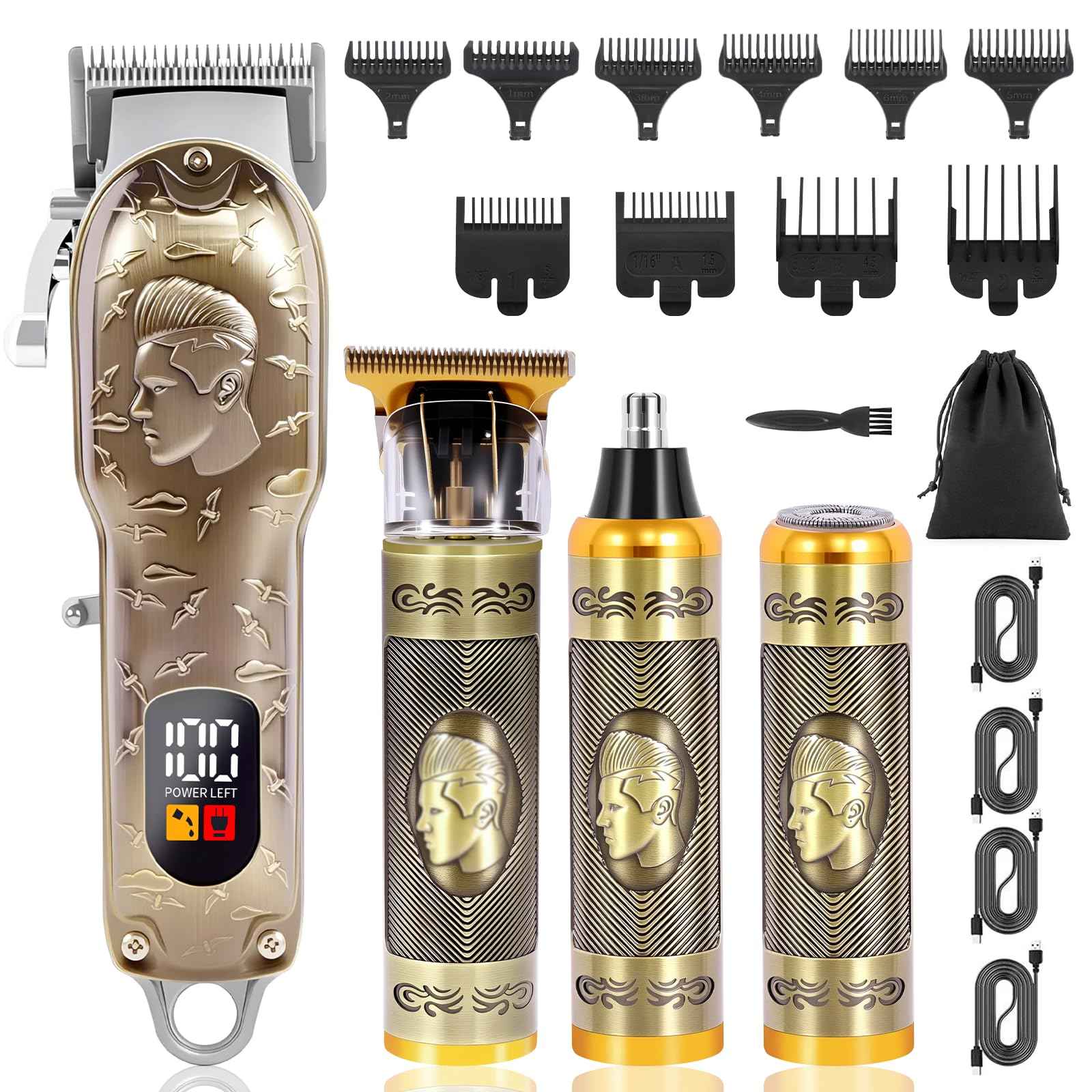 Professional Hair Clipper Set Men's Cordless Hair Clipper T-Shaped Blade Beard Trimmer Nose Hair Trimmer Electric Shaver Rechargeable Professional Hair Trimmer Set (Bronze)