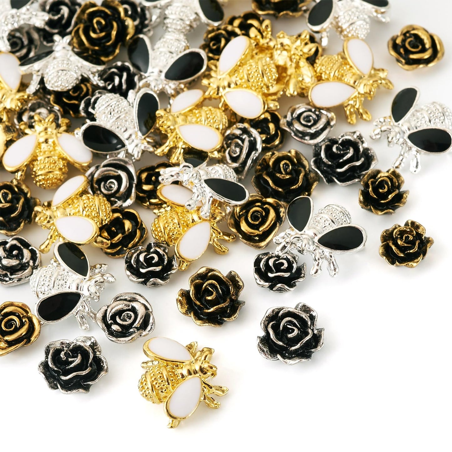 Craftdady 60Pcs Alloy Enamel Bee Rose Nail Art Cabochons Antique Flower Nail Charms Flatbak Metal Nail Beads for Nail Art Scrapbooking DIY Hair Clip Crafts Jewelry Making Supplies