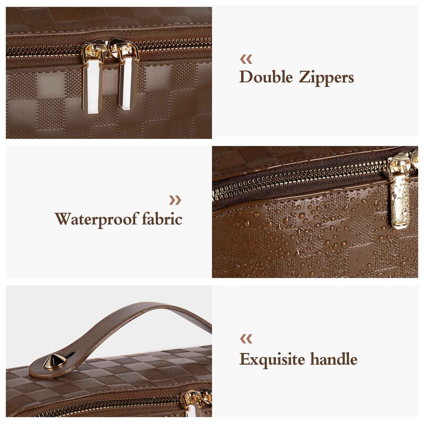 Abiudeng Travel Makeup Bag,Large Capacity Toiletry Bag Cosmetic Bags for Travel Essentials,Waterproof Portable Pouch Open Flat Makeup bag Organizer with Divider and Handle(Checkered-Brown)