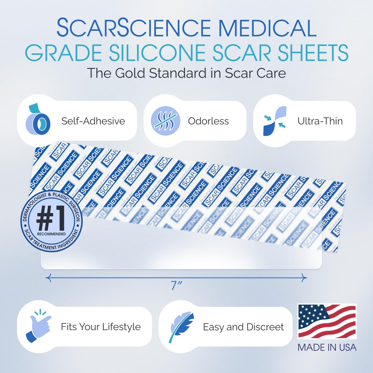 Scarscience Medical Grade Silicone Scar Sheets - Large 7" Water Resistant, Reusable Silicone Scar Strips - Breathable Clear Scar Tape for C-Section, Tummy Tuck, Surgical Scars Keloids, etc. - 4 Strips