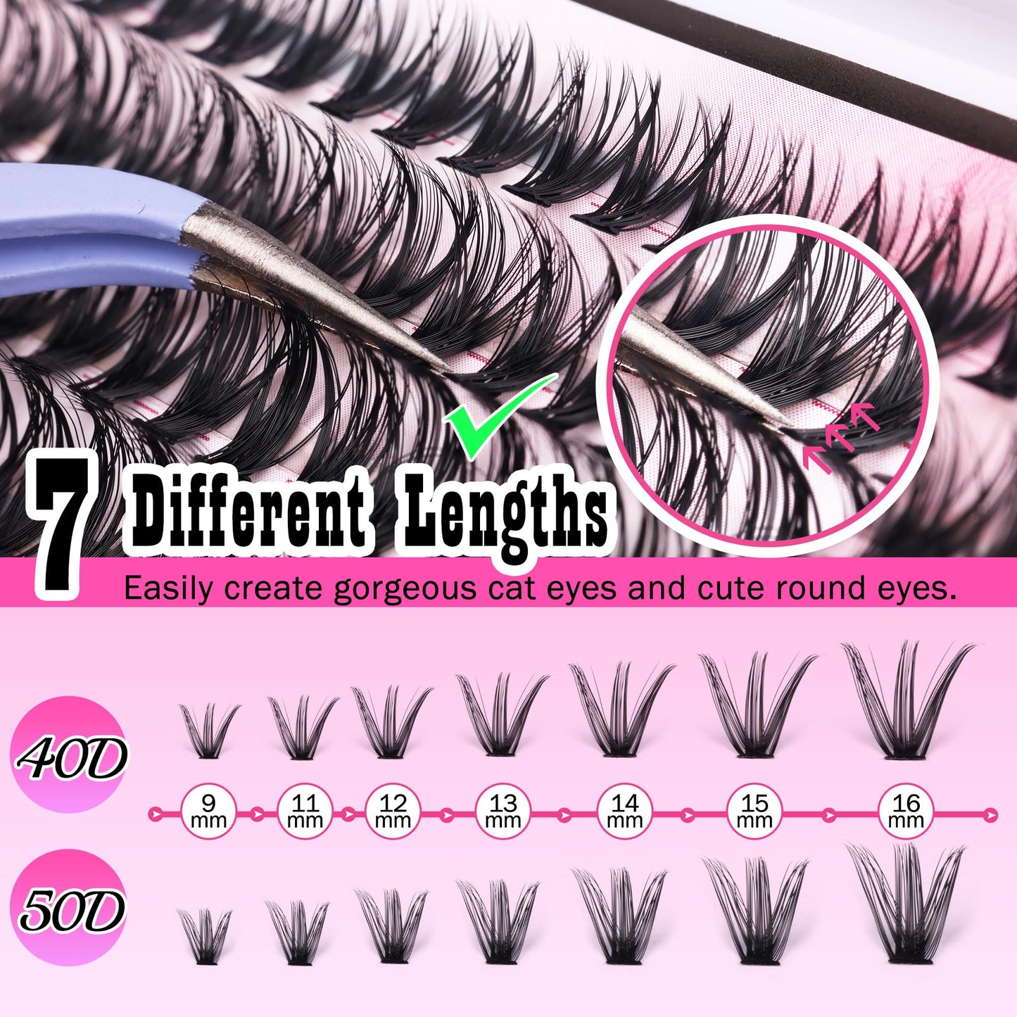 Cluster Lashes 280pcs Lash Clusters D Curl Volume Eyelashes Extensions 9-16mm Mix 40D+50D Individual Lashes Thin Band Eyelashes Cluster for DIY Lash Extension Beginners (Lash Clusters 0.07D)