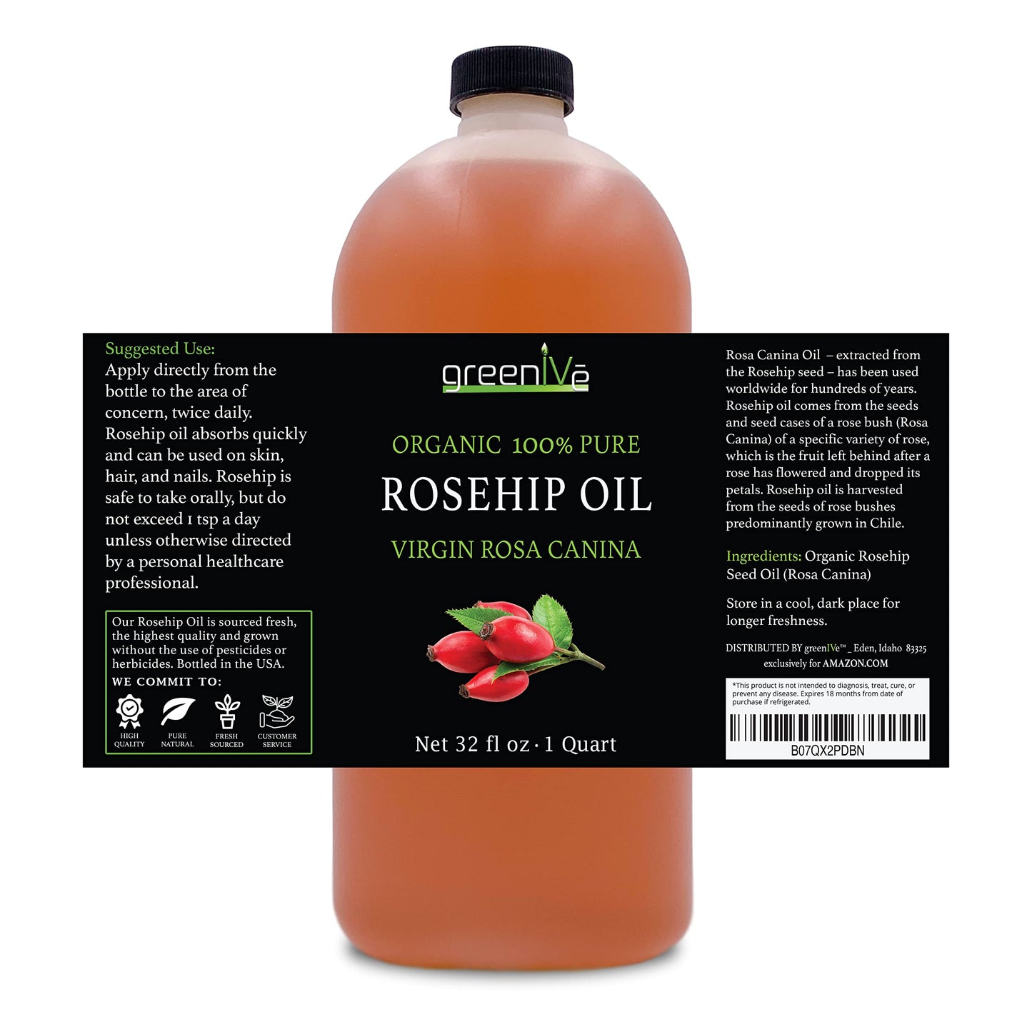 GreenIVe Organically Grown Rosehip Oil Rosa Canina 100% Pure Cold Pressed Virgin Oil (32 Ounce)