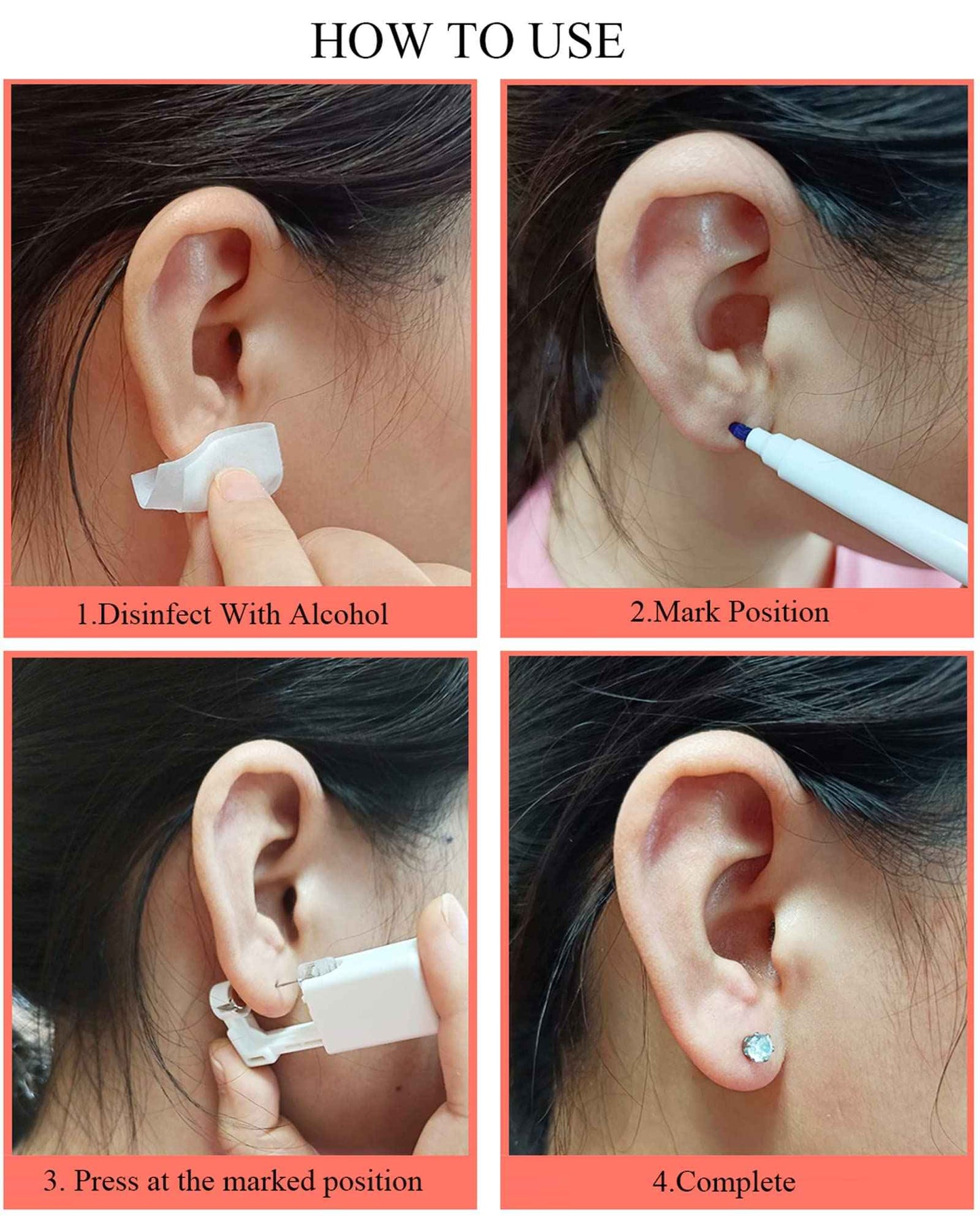 Orglace Ear Piercing Kit Disposable Self Ear Piercing Kit Safety 4 Pack Ear Piercing Gun Kit Tool with 5mm Earring Studs