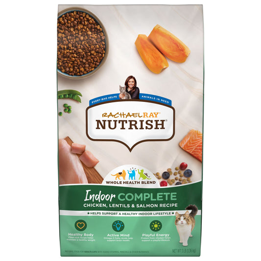 Rachael Ray Nutrish Indoor Complete Premium Natural Dry Cat Food with Added Vitamins, Minerals & Other Nutrients, Chicken with Lentils & Salmon Recipe, 3 Pounds