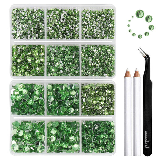 Beadsland 8300PCS Flatback Rhinestones, Light Green Rhinestone Nail Gems Round Crystal Rhinestones for Crafts, Mixed 10 Sizes with Wax Pencil and Tweezer Kit, SS3-SS30, Peridot