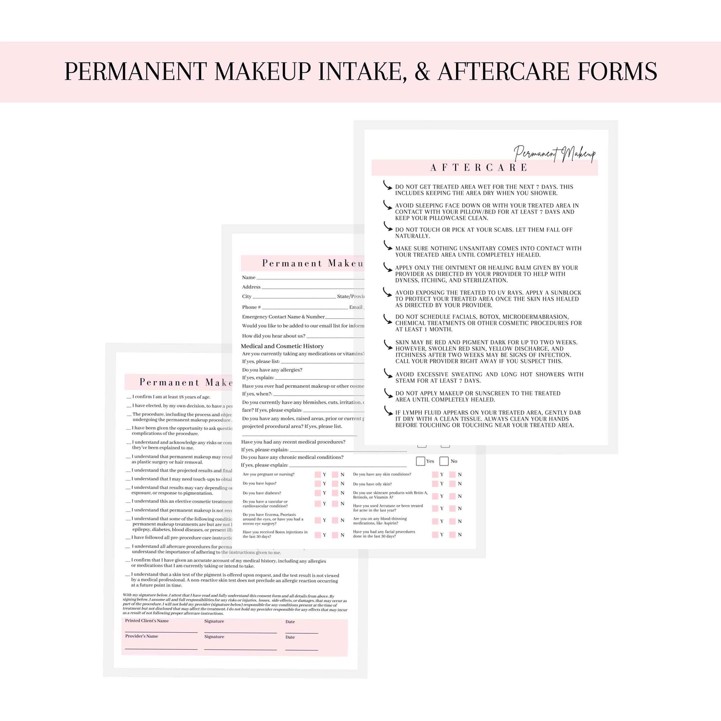 Permanent Makeup Intake, Consent, and Aftercare Form | 75 Pack | 8.5 x 11" A1 Forms | Clients Signature | for Providers Using Permanent Makeup Pigment for PMU | White and Pink Design