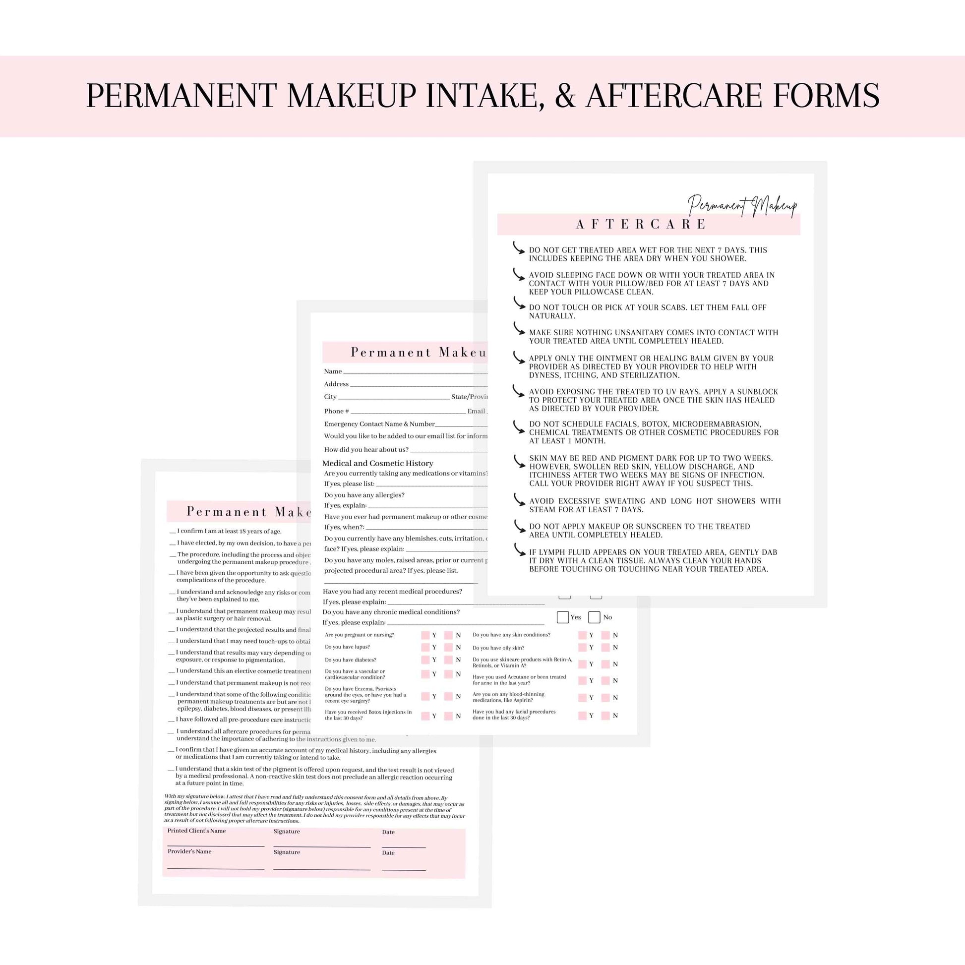 Permanent Makeup Intake, Consent, and Aftercare Form | 75 Pack | 8.5 x 11" A1 Forms | Clients Signature | for Providers Using Permanent Makeup Pigment for PMU | White and Pink Design