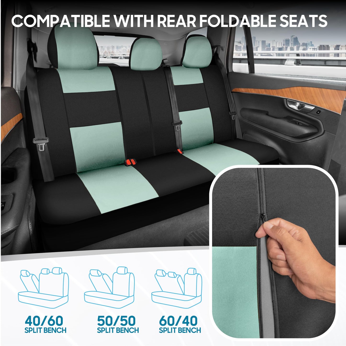 BDK PolyPro Car Seat Covers Full Set in Mint on Black – Front and Rear Split Bench Seat Covers Accessories for Auto Trucks Van SUV,Easy to Install