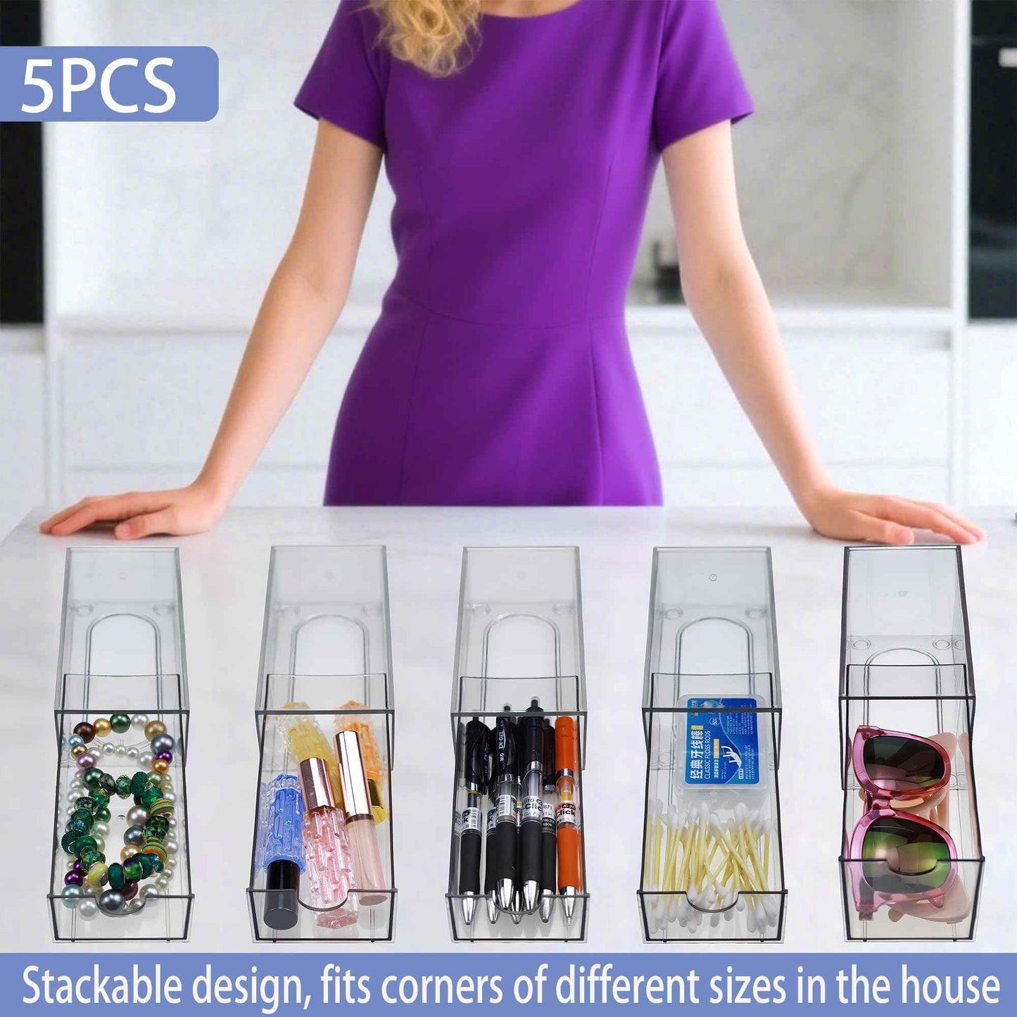 Stackable Storage Drawers Set of 5 Acrylic Storage Drawers Clear Plastic Stackable Organizer Bins for Makeup, Cosmetics,Beauty Supplies,Ideal for Vanity, Bathroom,Cabinet,Pantry Organization